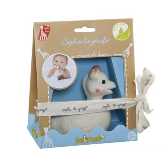 Baby sophie the giraffe bath toy in packaging with brand logo and product image on a white background