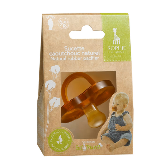 SOPHIE la Girafe natural rubber pacifier in packaging with branding and product image.