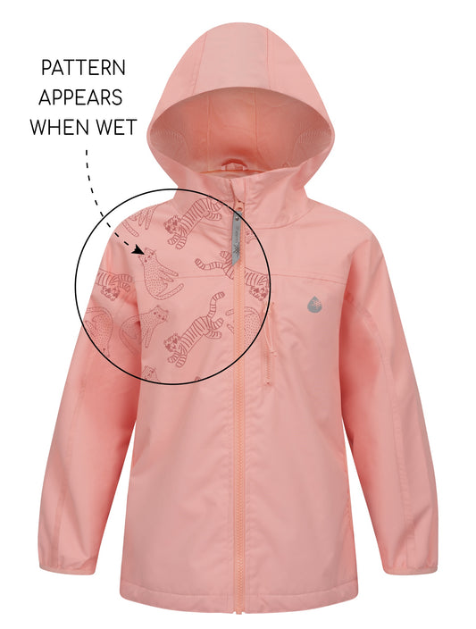 Girls Rainjacket with hood and front zip. Apricot colourway that changes to pink tiger print when wet. 