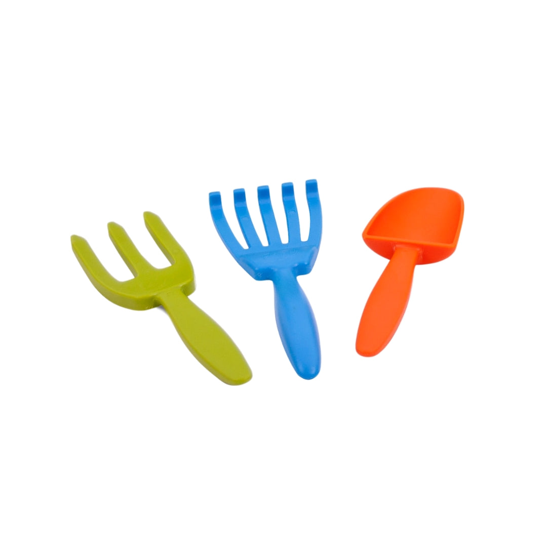 Set of three colourful gardening tools on a white background