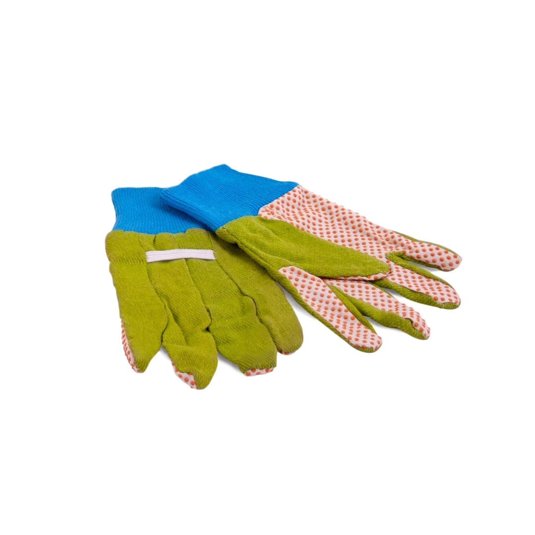 Pair of children's green gardening gloves with pink and white checkered pattern on a white background