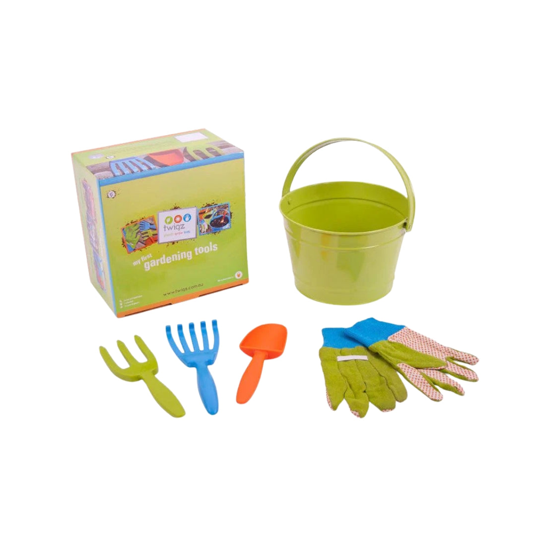 Children's gardening tool set with a green bucket, tools, and gloves on a white background.