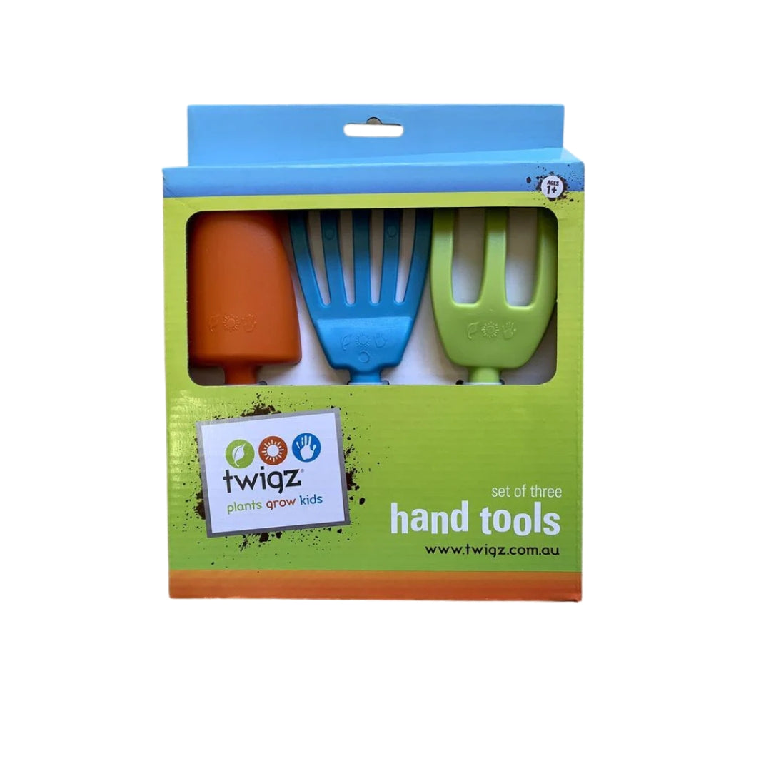 Packaging of three colourful hand tools with twigz branding on a white background