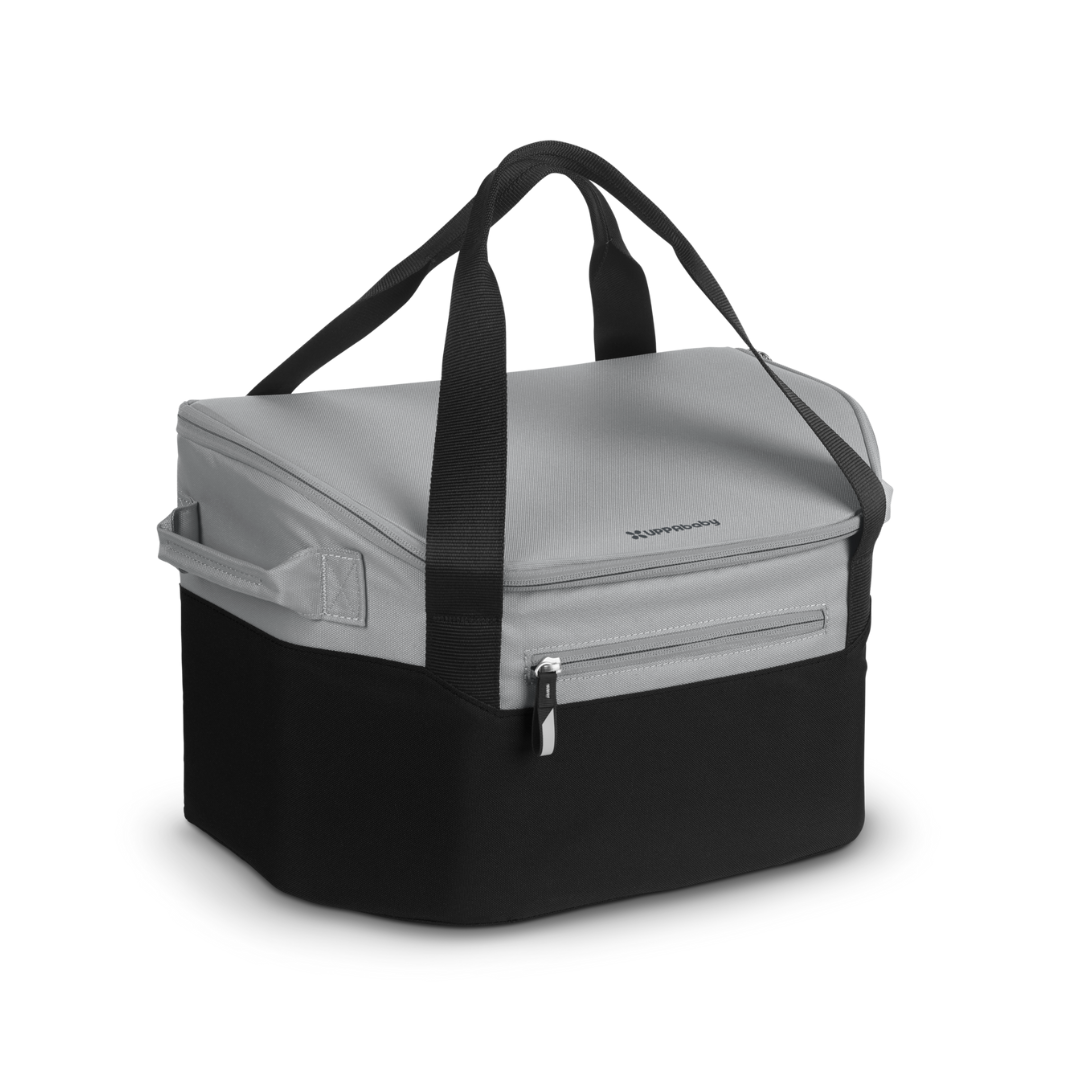 UPPbaby Bevvy Cooler Bag black and grey with UPPAbaby logo on lid. Fits inside stroller basket. 
