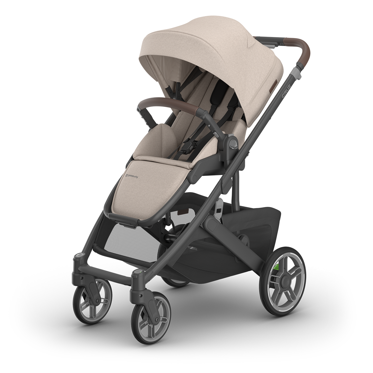 Beige and black stroller on a white background