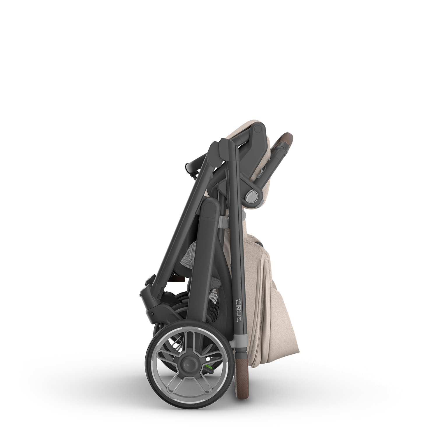 Baby stroller with beige cover on a white background