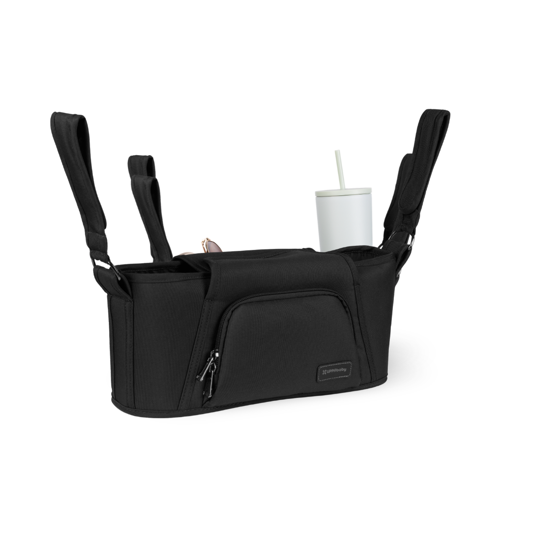 Black Parent organiser for UPPAbaby stroller with a cup in it on a white background