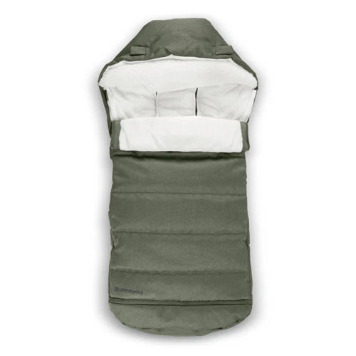 Green baby stroller footmuff with white interior for UPPAbaby Stroller on a white background
