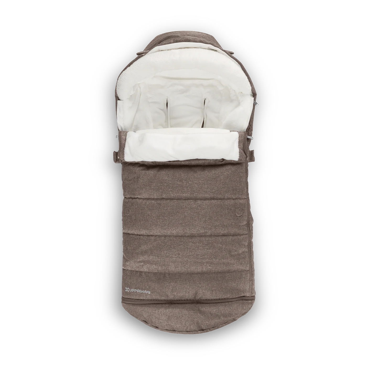Brown and white baby footmuff for UPPAbaby Stroller on a white background