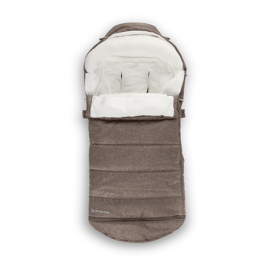 Brown and white baby footmuff for UPPAbaby Stroller on a white background