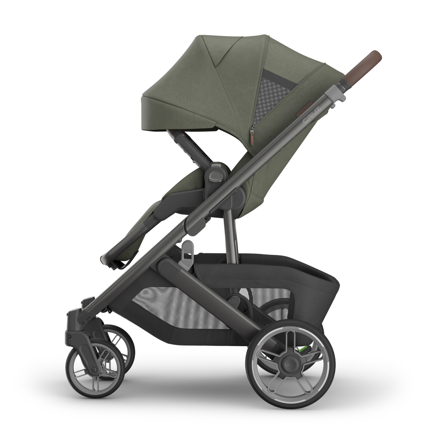 UPPAbaby Cruz  V3 Stroller with Moss Green Canopy and Carbon frame with chestnut leather accents on white background. 