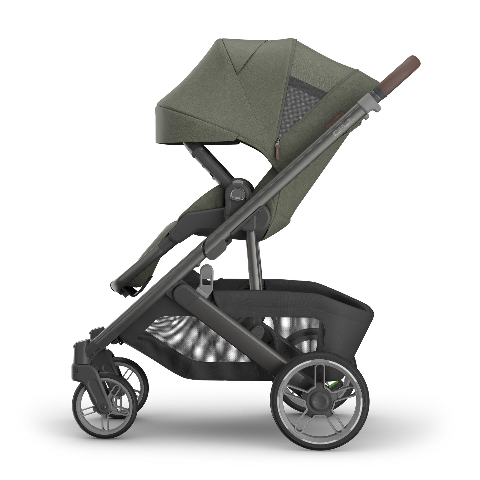 UPPAbaby Cruz  V3 Stroller with Moss Green Canopy and Carbon frame with chestnut leather accents on white background. 
