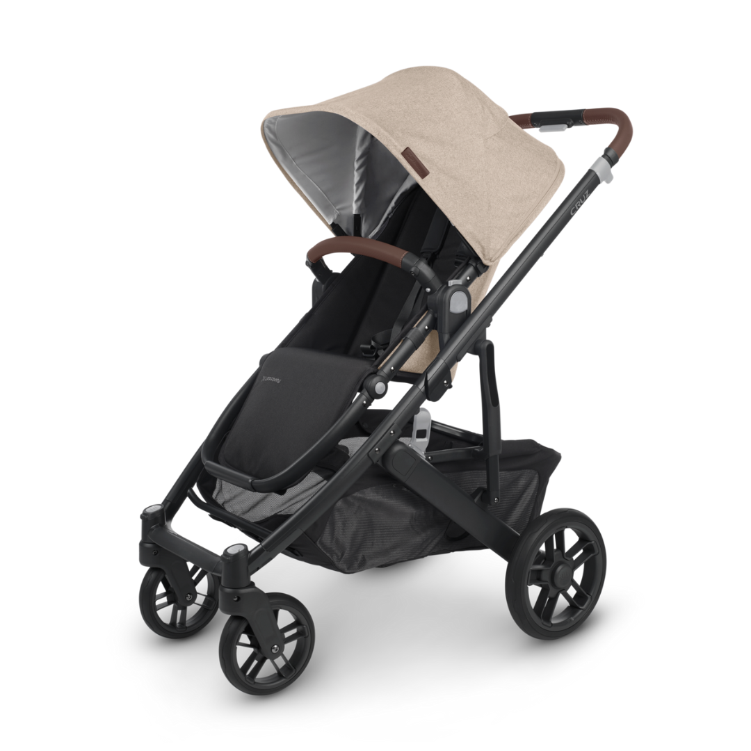 aby Cruz V2 Stroller Liam (Oat Melange). Oat Fabric, Carbon Frame and Chestnut leather accents.  