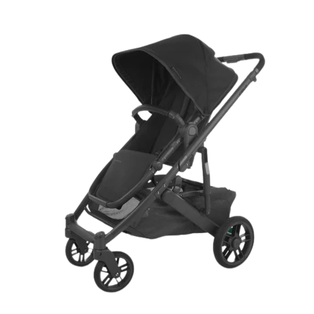 UPPAbaby Cruz V2 stroller in Jake . Black fabric, carbon frame and black leather accents. 