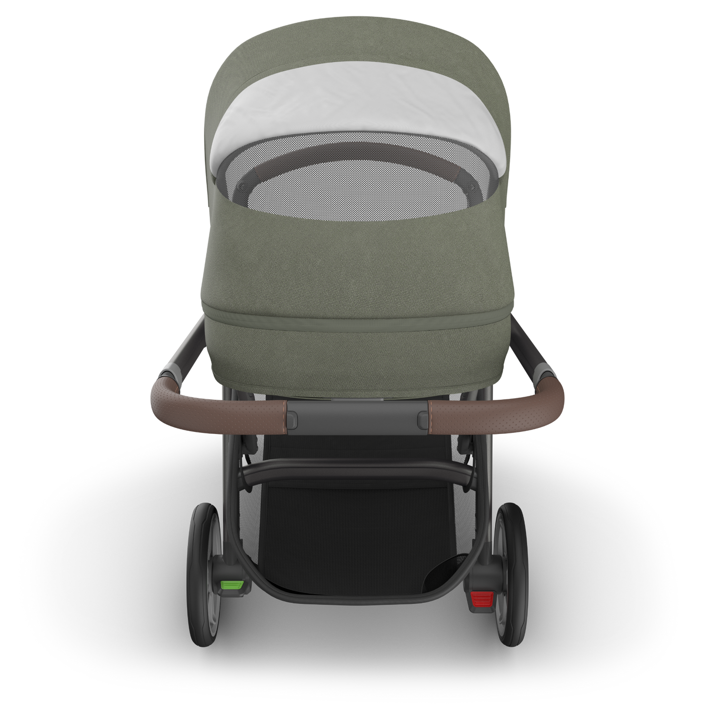 UPPAbaby Cruz  V3 Stroller with Moss Green Canopy and Carbon frame with chestnut leather accents on white background.  Back vented seat showing and basket. 