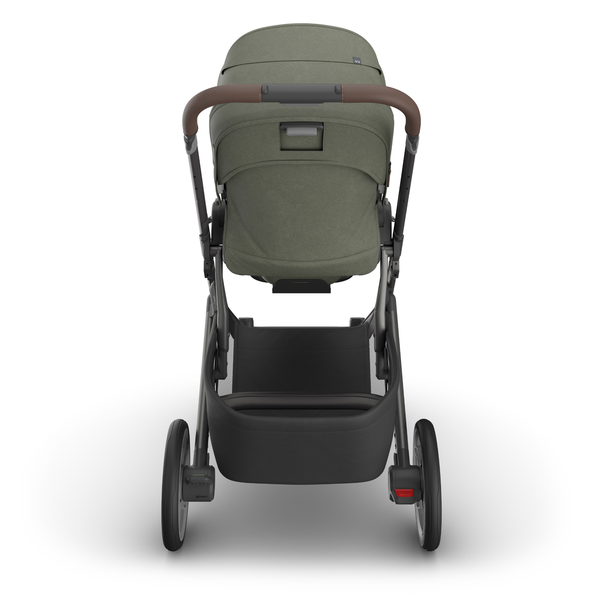 UPPAbaby Cruz  V3 Stroller with Moss Green Canopy and Carbon frame with chestnut leather accents on white background. 