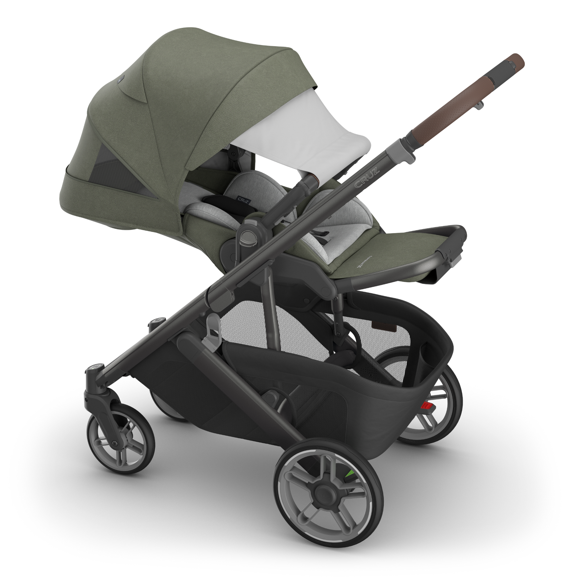 UPPAbaby Cruz  V3 Stroller with Moss Green Canopy and Carbon frame with chestnut leather accents on white background. 