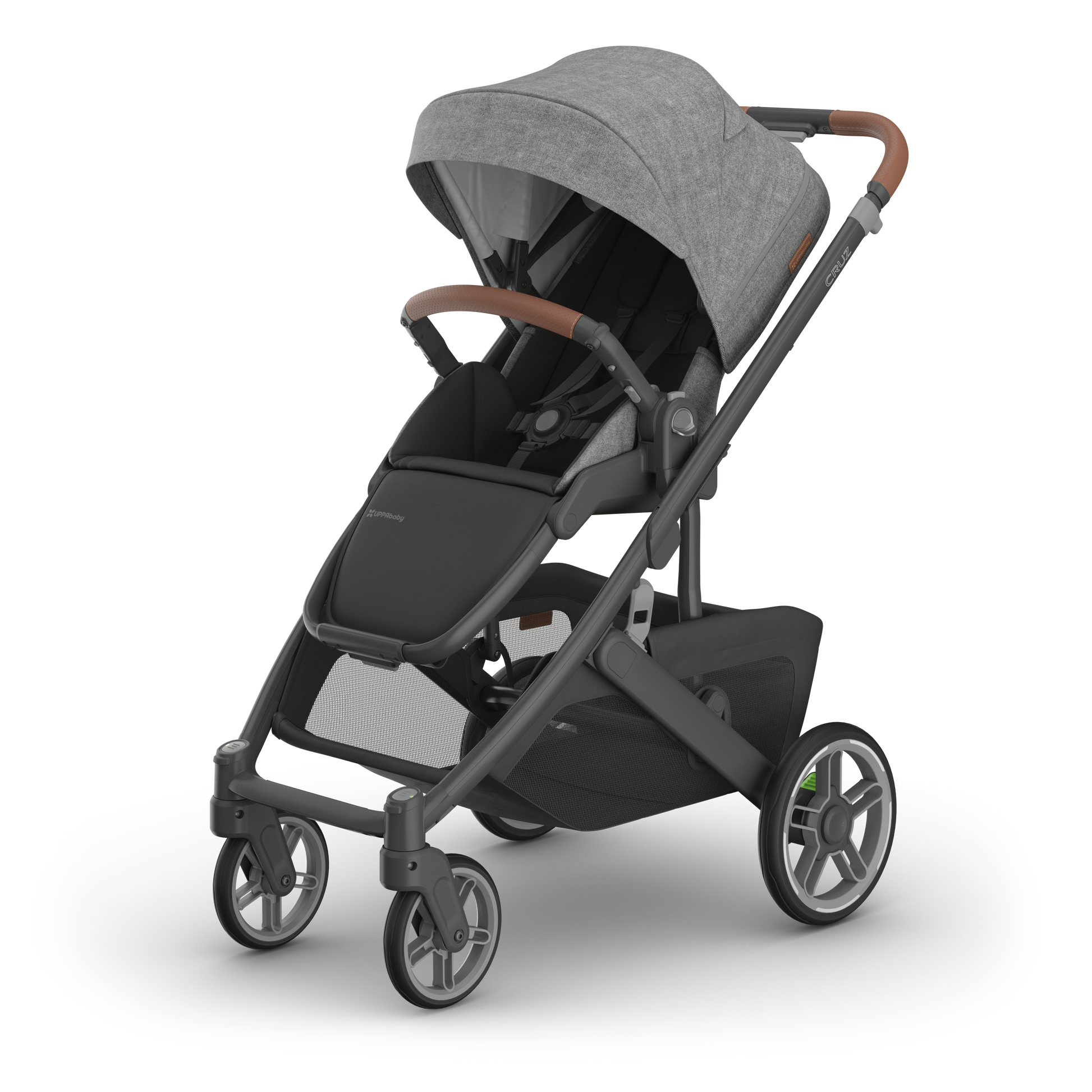 UPPAbaby Cruz V3 stroller with charcoal canopy and carbon frame with tan leather accents side on on a white background. 