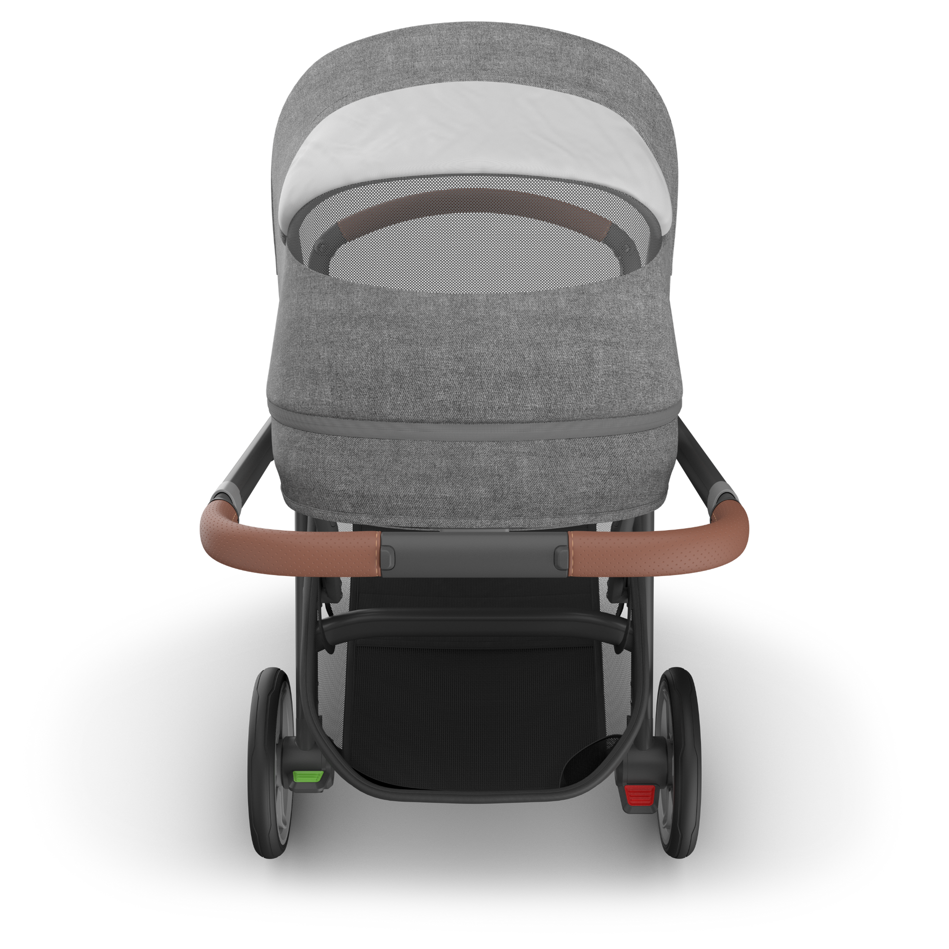 UPPAbaby Cruz V3 stroller with charcoal canopy and carbon frame with tan leather accents side on on a white background. 