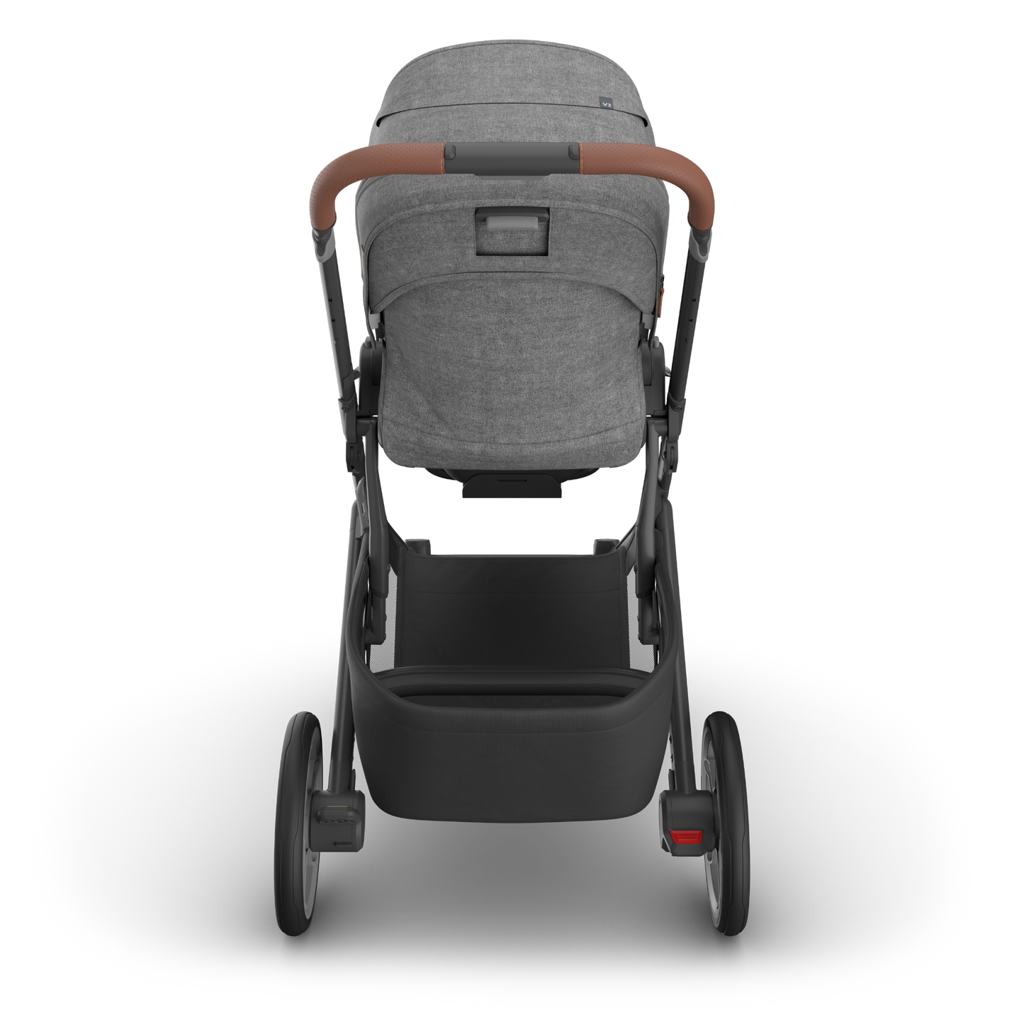 UPPAbaby Cruz V3 stroller with charcoal canopy and carbon frame with tan leather accents showing the back of the stroller and basket a white background. 