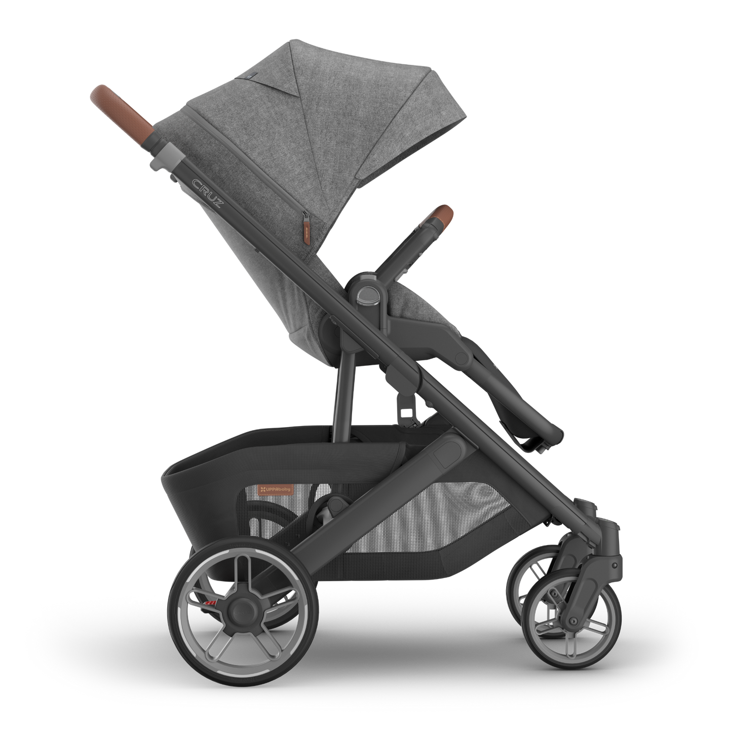 UPPAbaby Cruz V3 stroller with charcoal canopy and carbon frame with tan leather accents side on on a white background. 
