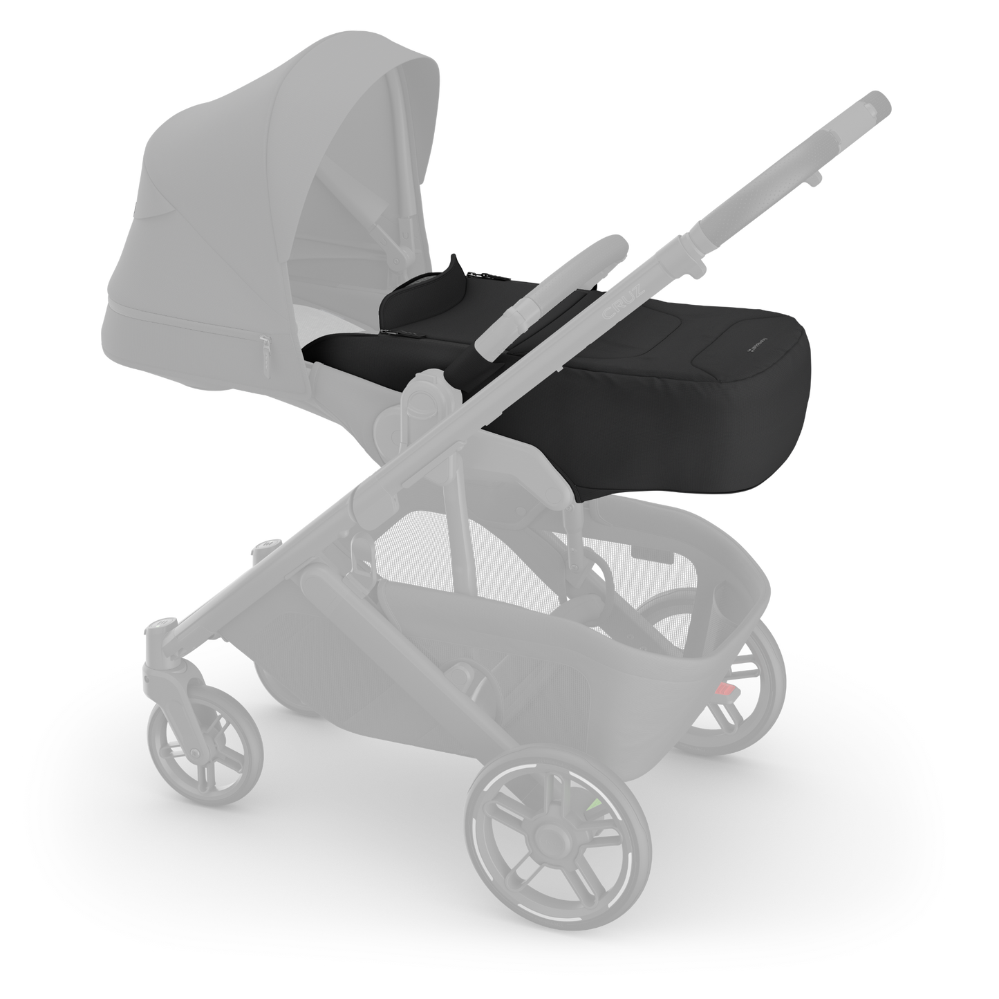 Black single stroller with canopy open and infant insert on stroller. 