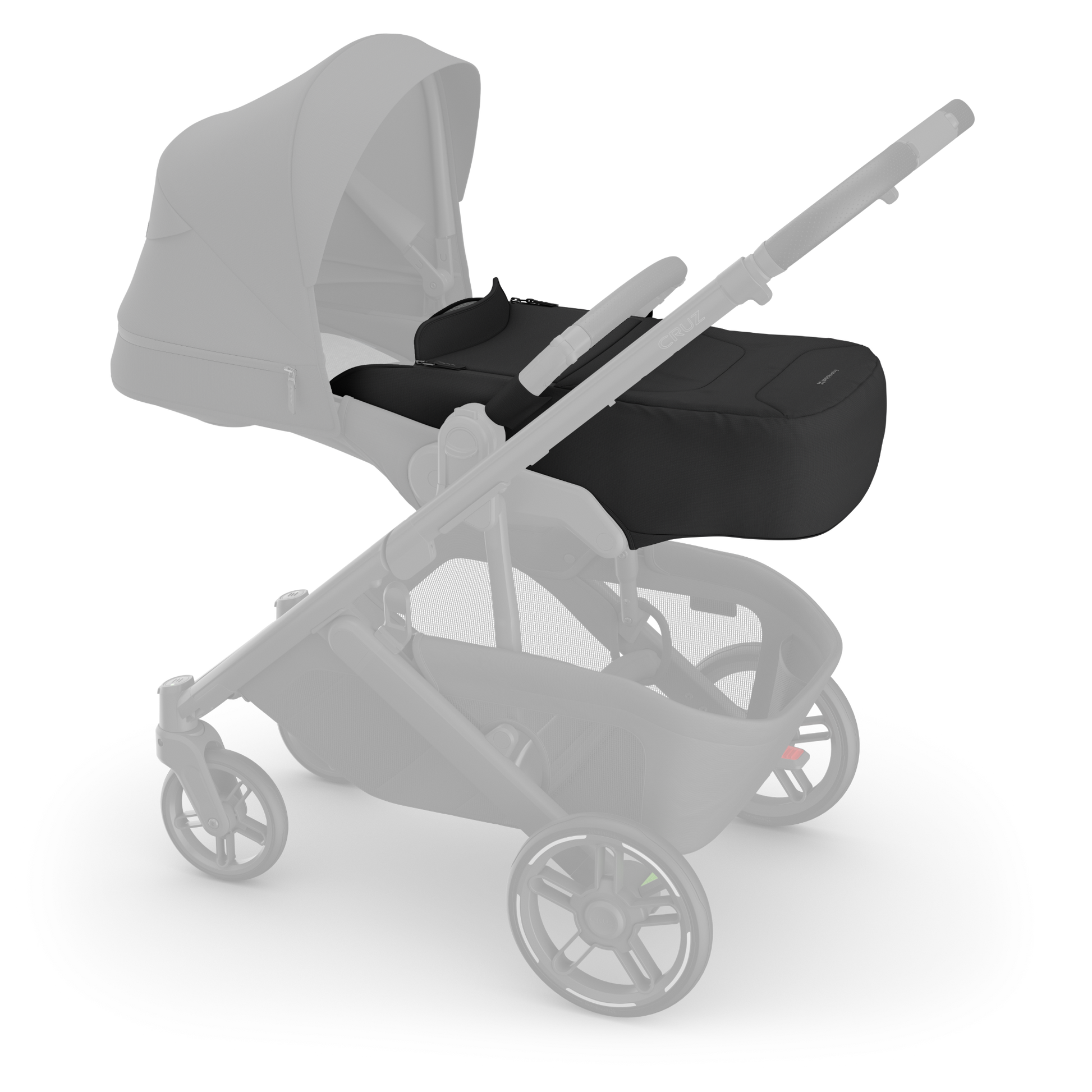Black single stroller with canopy open and infant insert on stroller. 