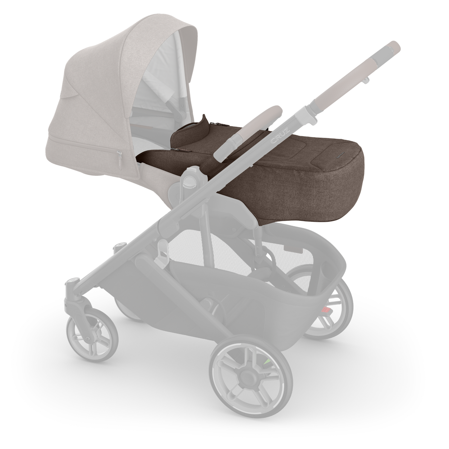 Brown and black stroller on a white background with canopy and infant insert. 