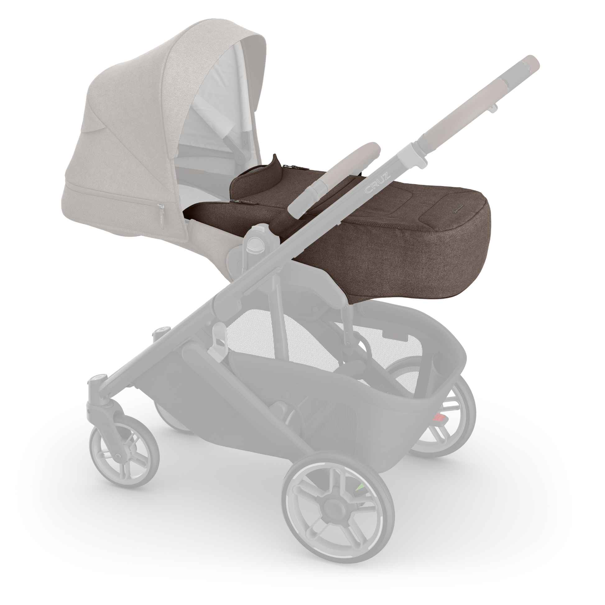 Brown and black stroller on a white background with canopy and infant insert. 