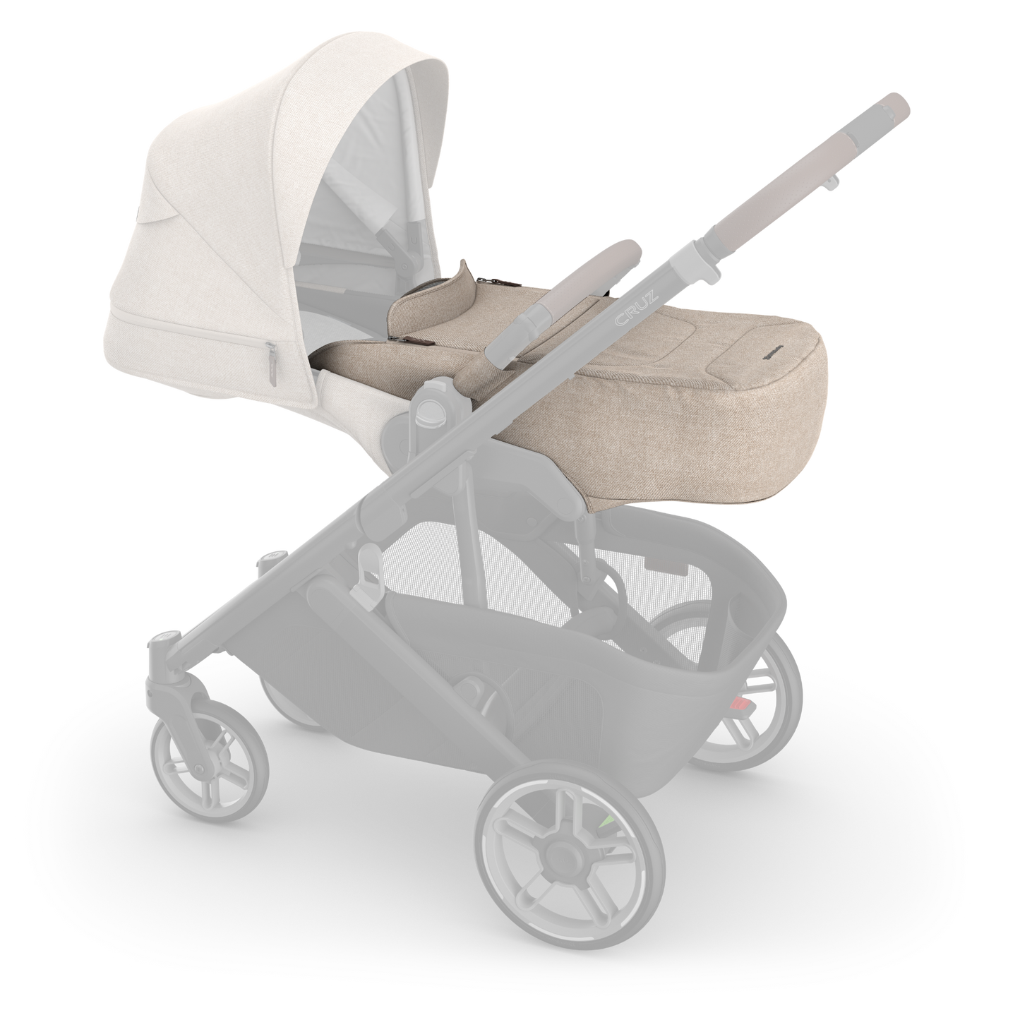 Oat fabric stroller with canopy and infant insert attached to a carbon frame with tan leather.  