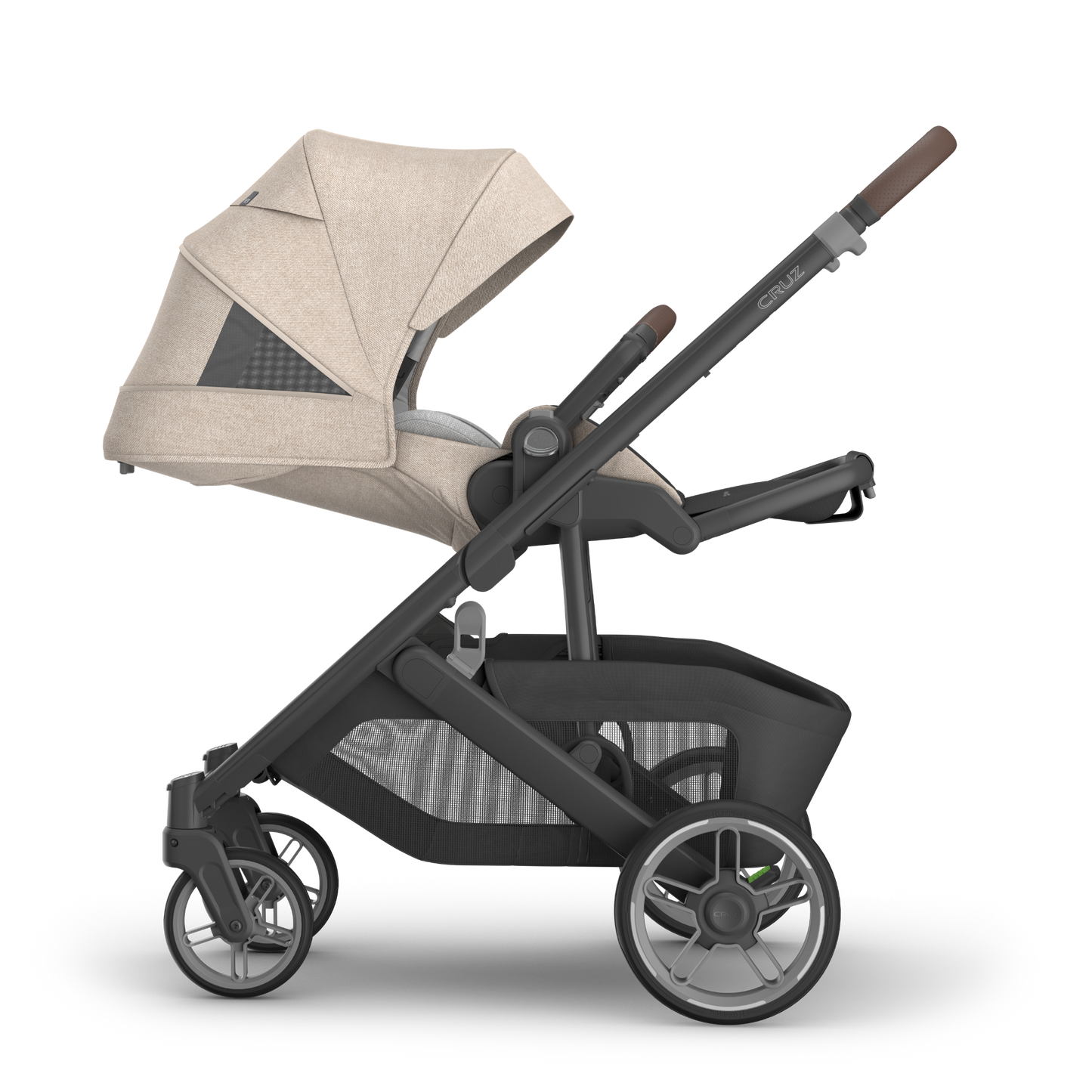 UPPAbaby Cruz v3 in beige canopy and black stroller frame on a white background showing sun shade extended.  