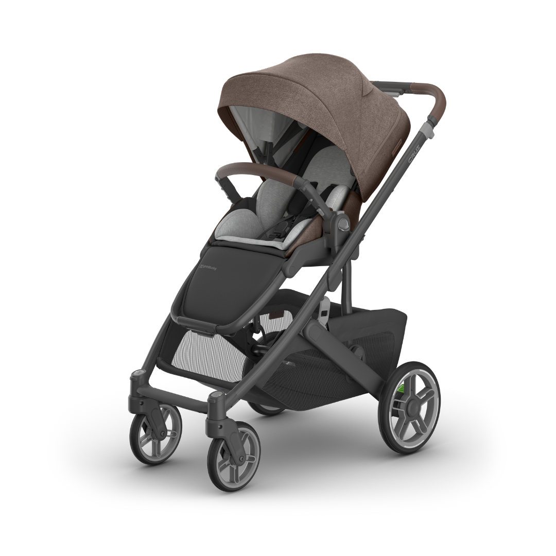 Stroller with Carbon black frame, Mocha melange fabric and chestnut leather accents hero image. 