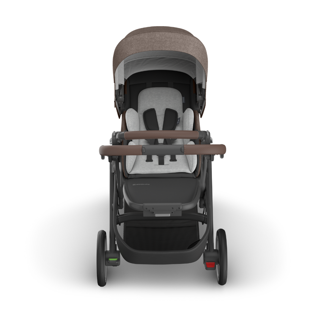 Stroller with Carbon black frame, Mocha melange fabric and chestnut leather accents.  