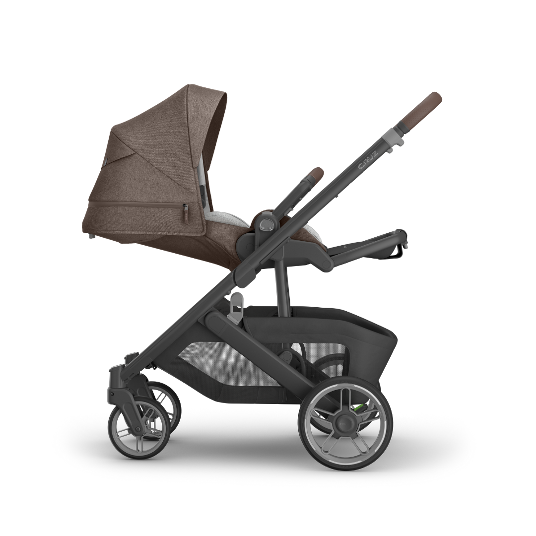 Stroller with Carbon black frame, Mocha melange fabric and chestnut leather accents.  