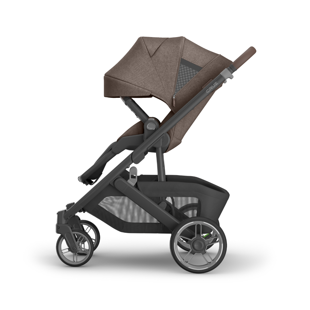 Stroller with Carbon black frame, Mocha melange fabric and chestnut leather accents side on view. 