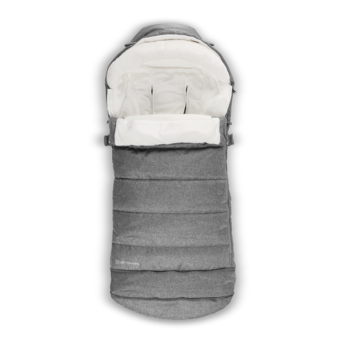 Gray and white baby stroller footmuff on a white background