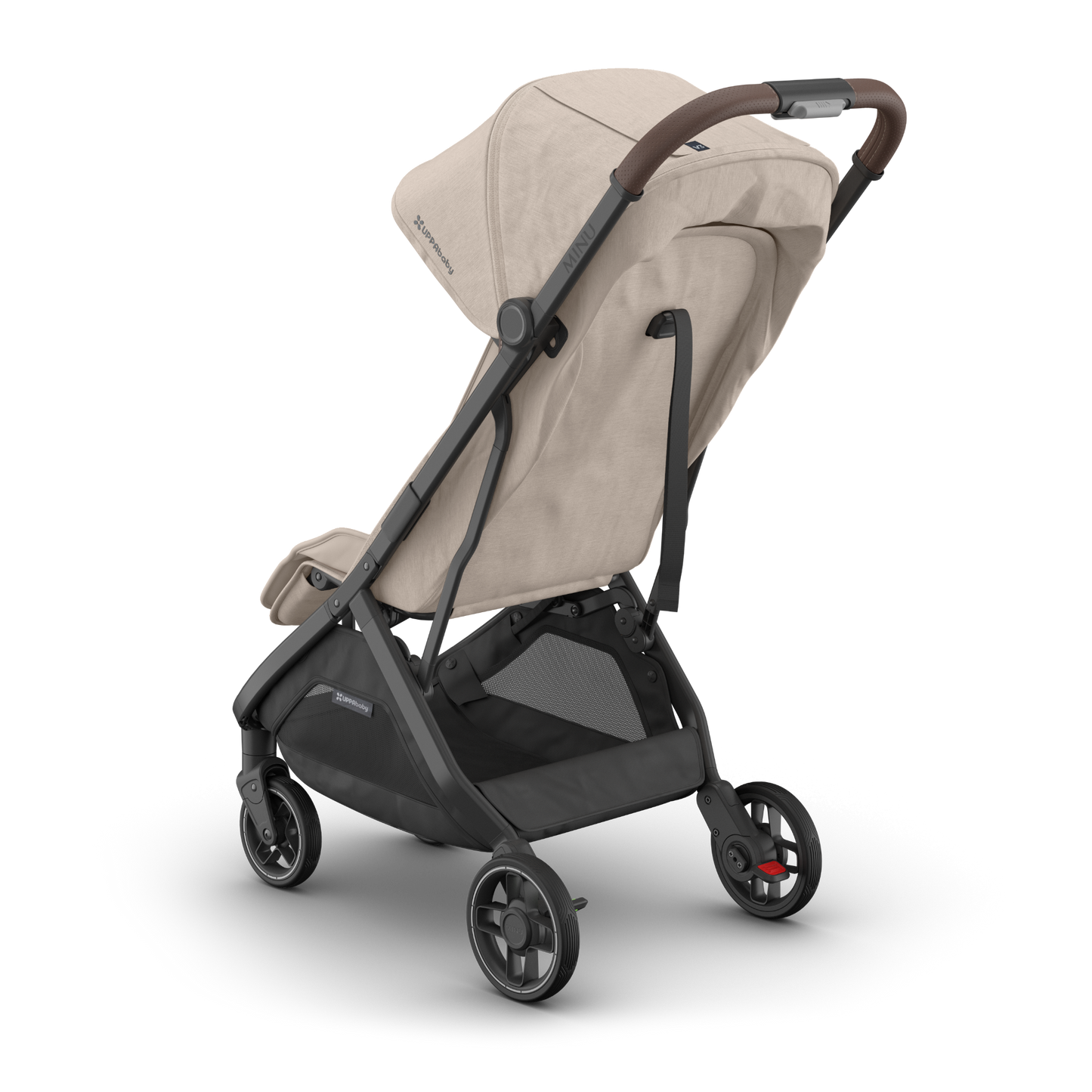Beige UPPAbaby travel stroller with black frame on a white background 