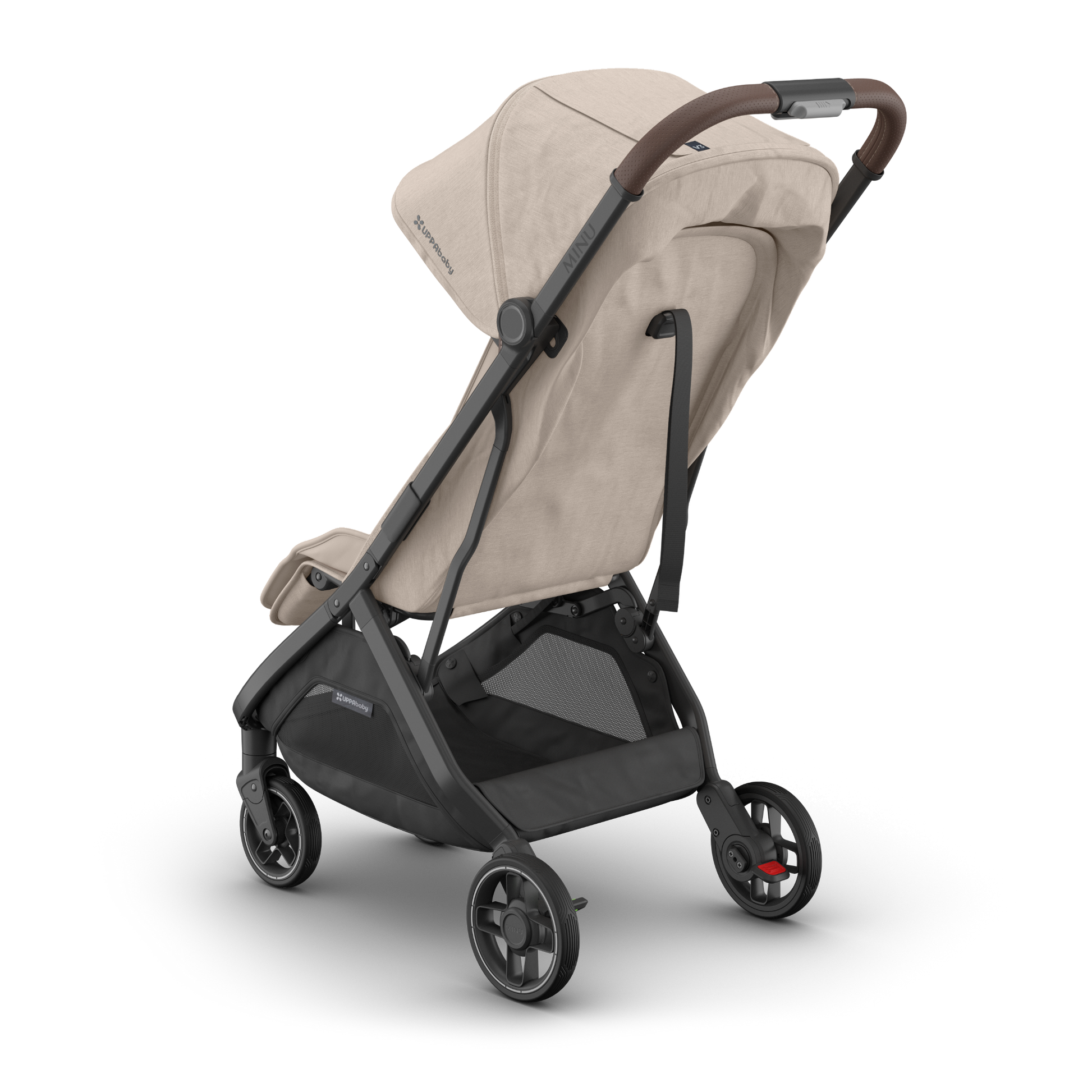 Beige UPPAbaby travel stroller with black frame on a white background 