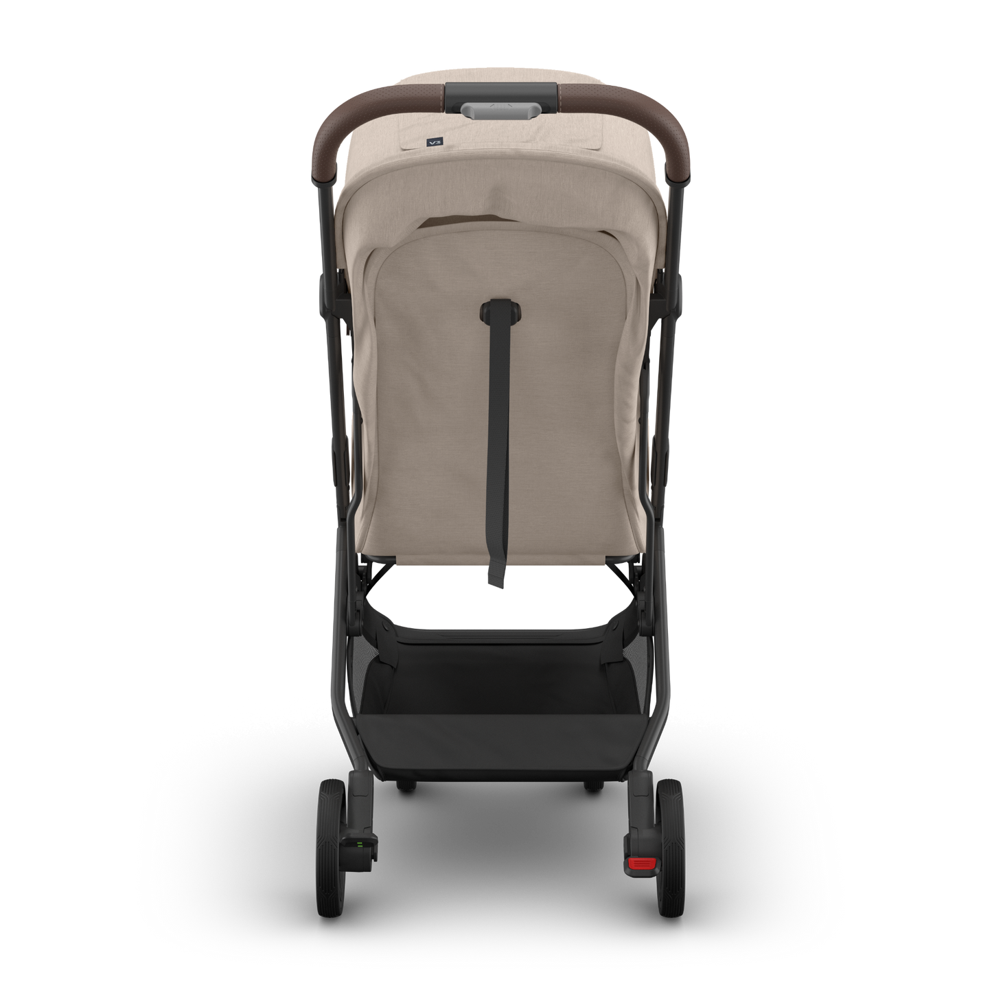 Beige UPPAbaby travel stroller with black frame on a white background