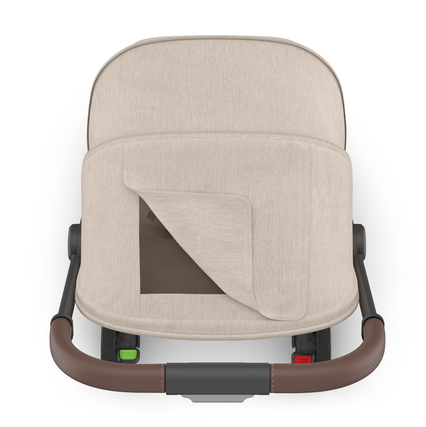 Beige canopy of UPPAbaby travel stroller with black frame on a white background