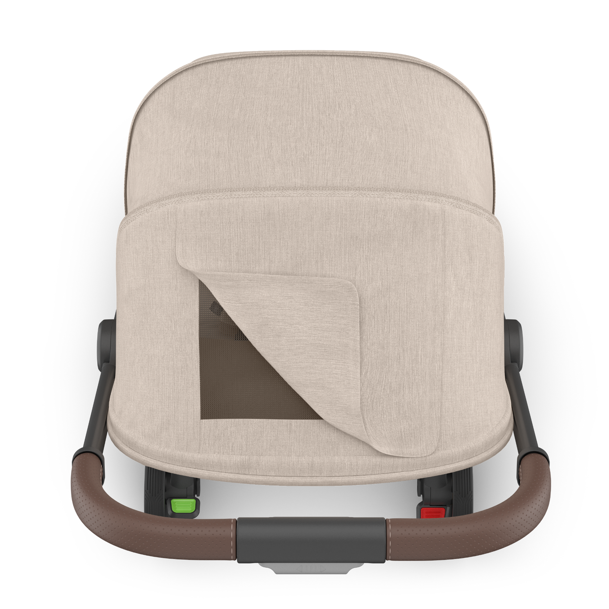 Beige canopy of UPPAbaby travel stroller with black frame on a white background