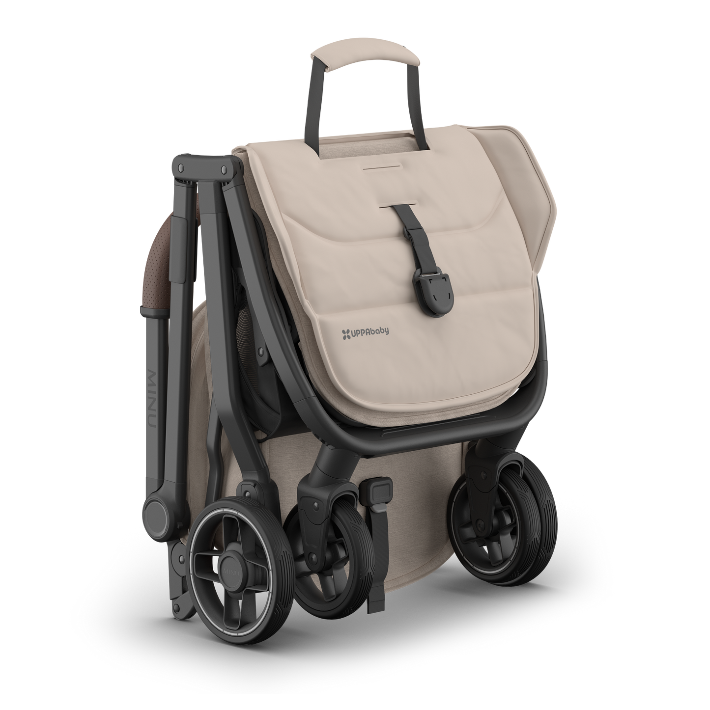 Beige UPPAbaby travel stroller with black frame  folded on a white background
