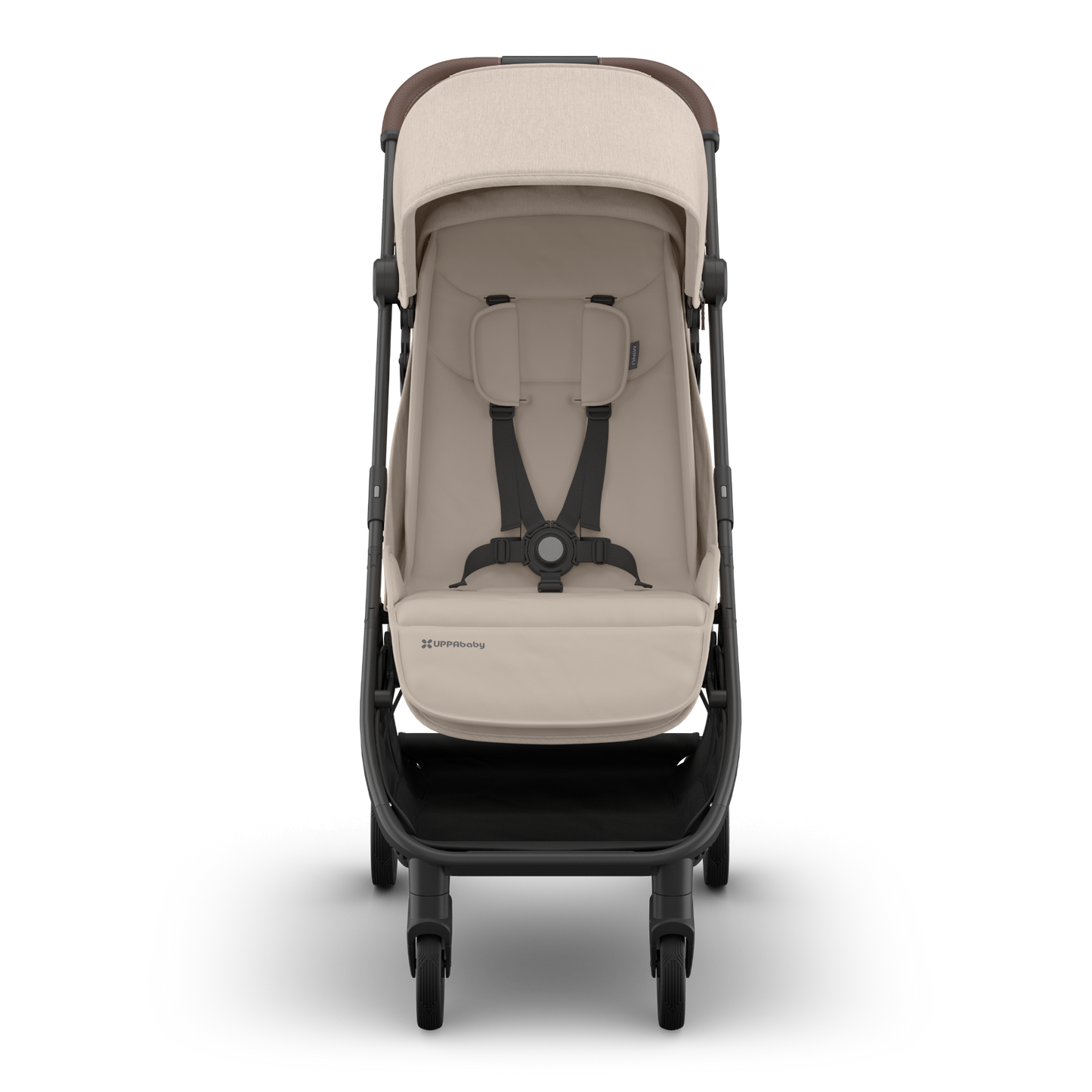 Beige UPPAbaby travel stroller with black frame inside stroller view on a white background