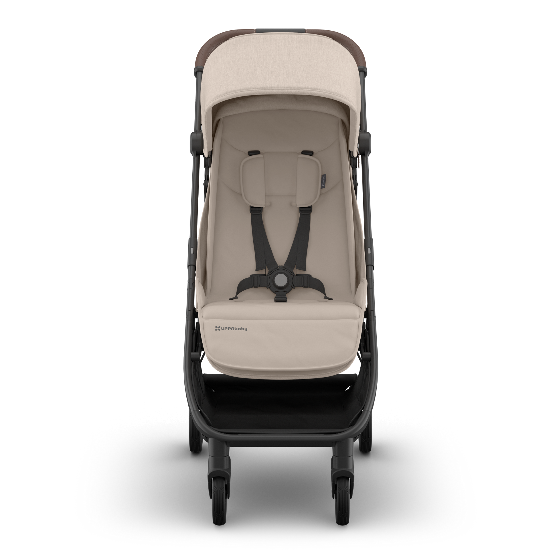 Beige UPPAbaby travel stroller with black frame inside stroller view on a white background