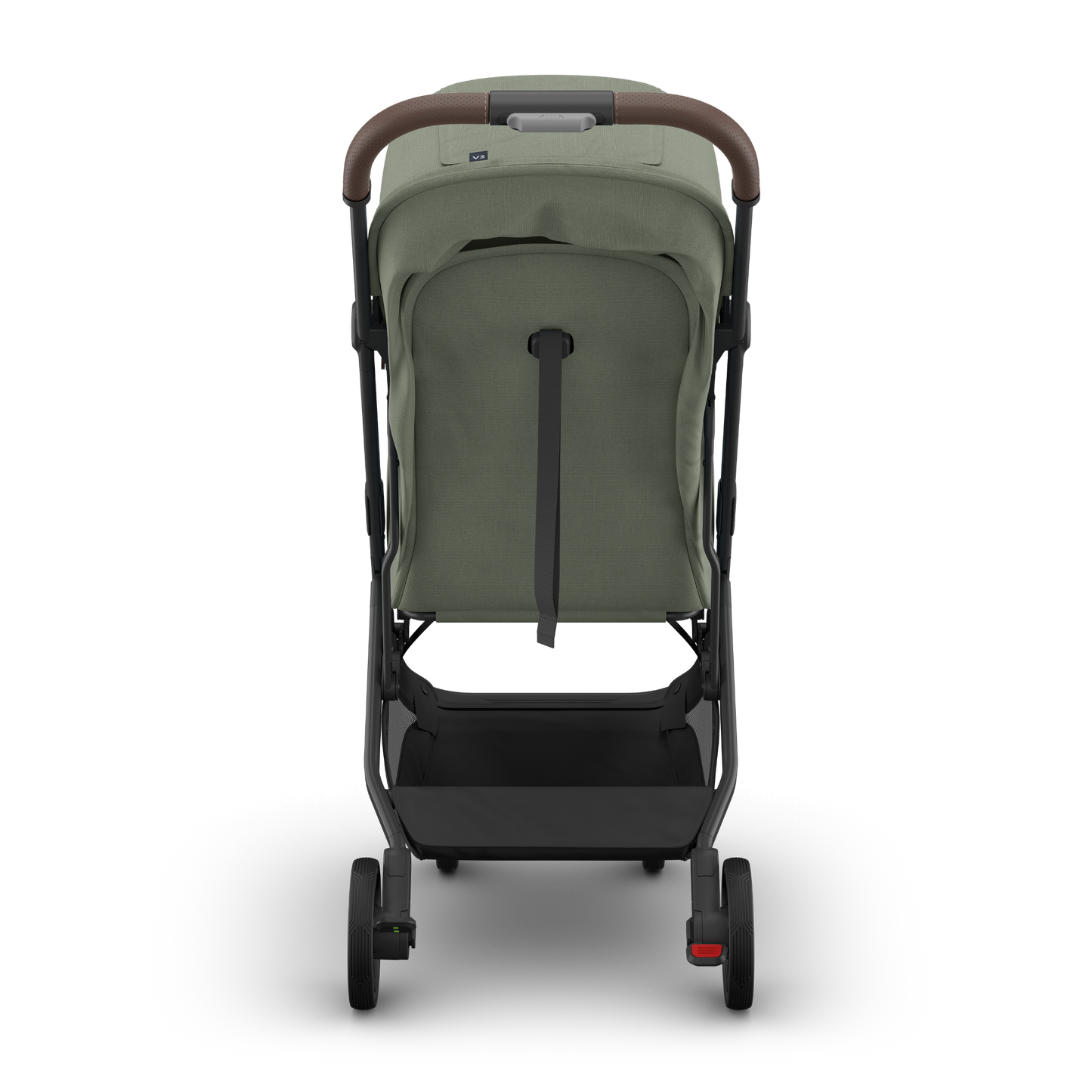 Green UPPAbaby Travel stroller with brown accents and carbon frame on a white background