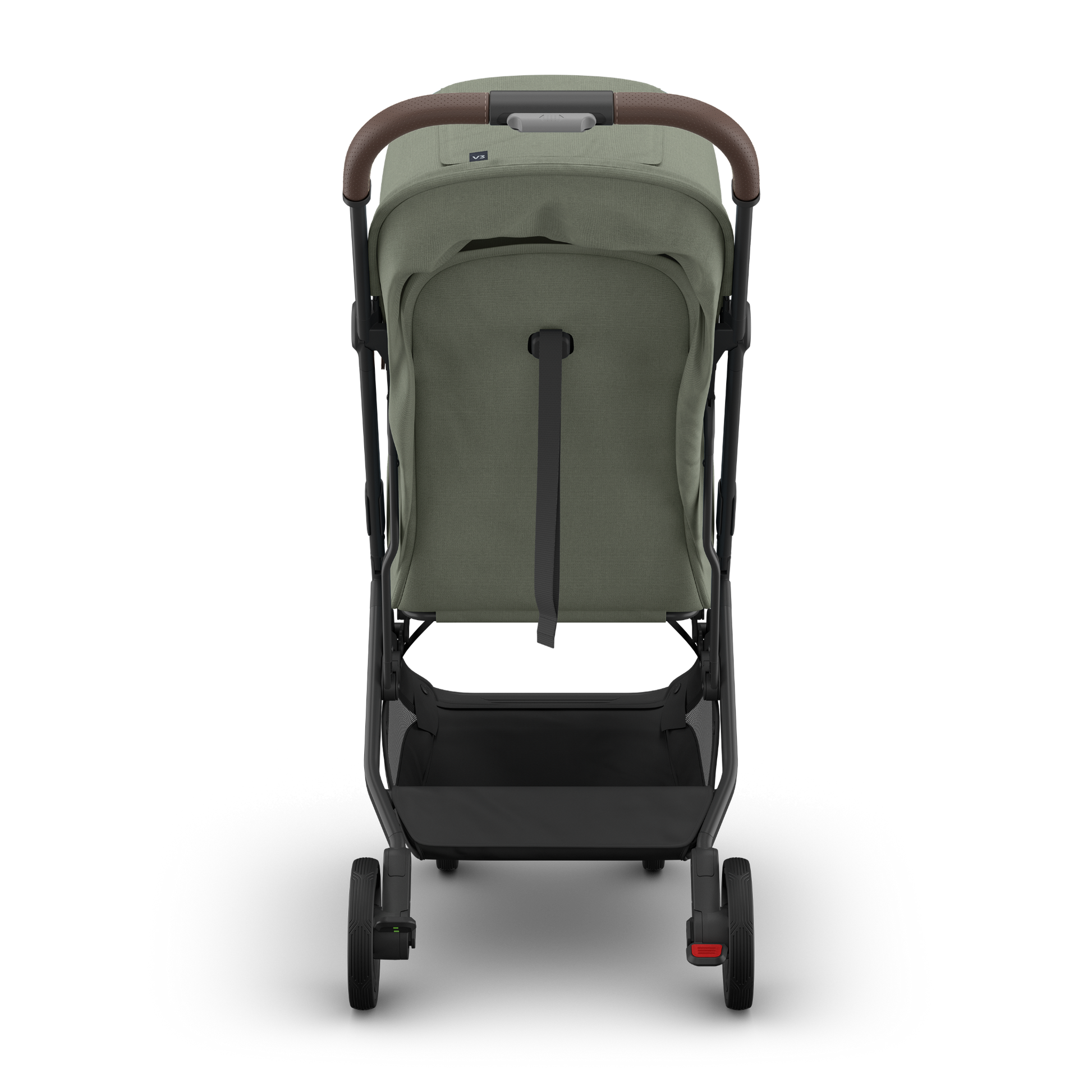 Green UPPAbaby Travel stroller with brown accents and carbon frame on a white background