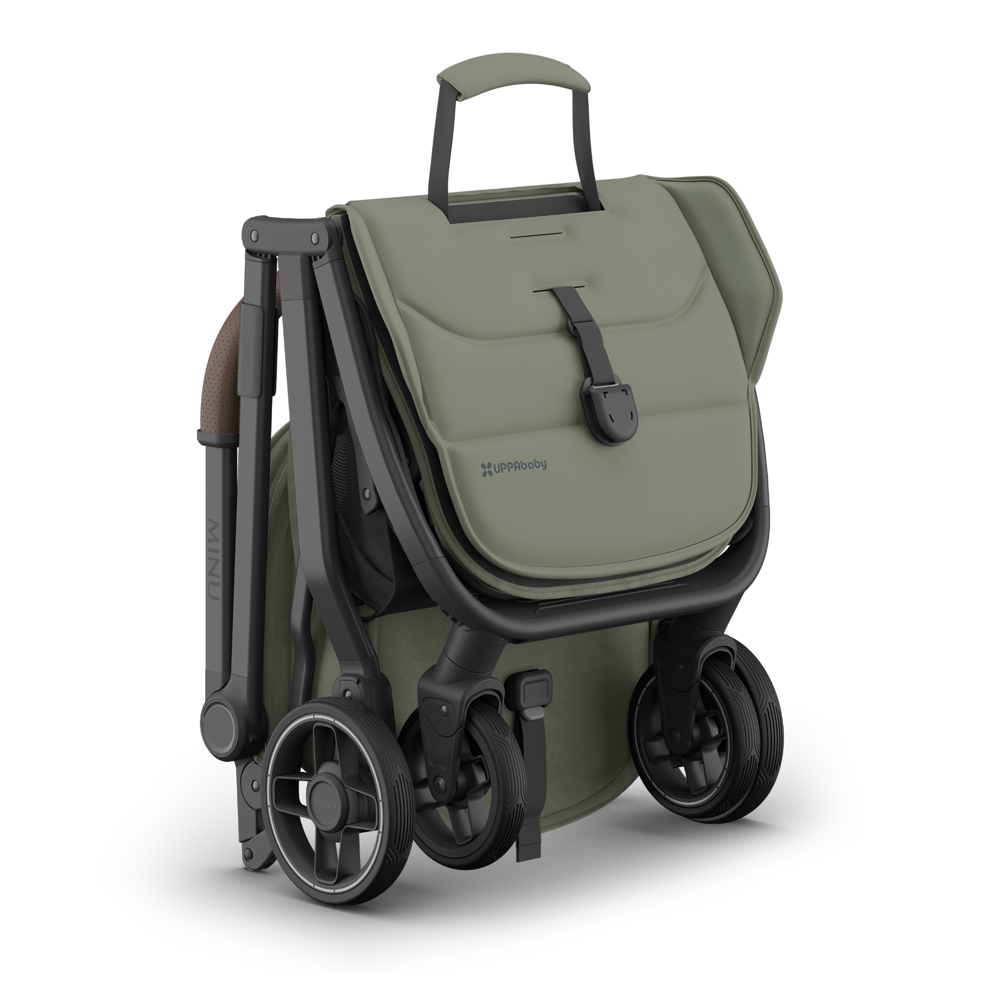 Green UPPAbaby Travel stroller folded down with brown accents and carbon frame on a white background