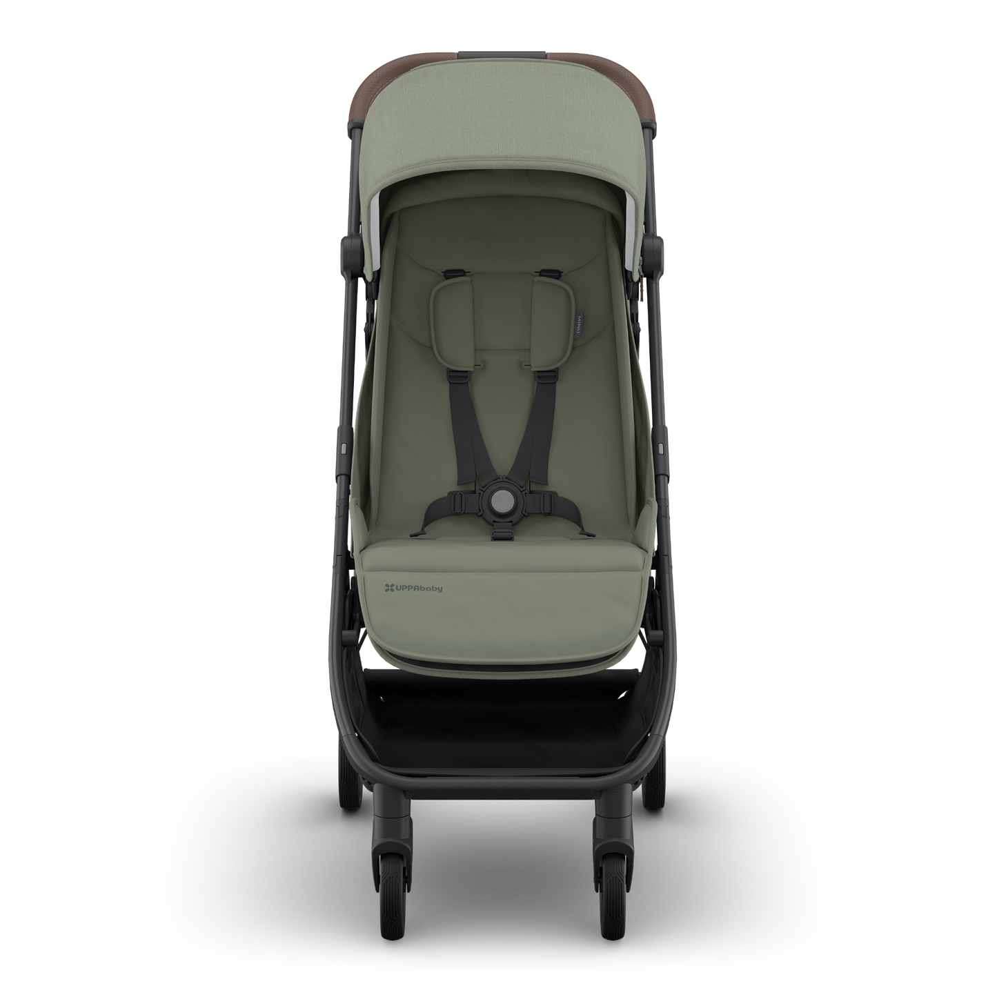 Green UPPAbaby Travel stroller with brown accents and carbon frame on a white background