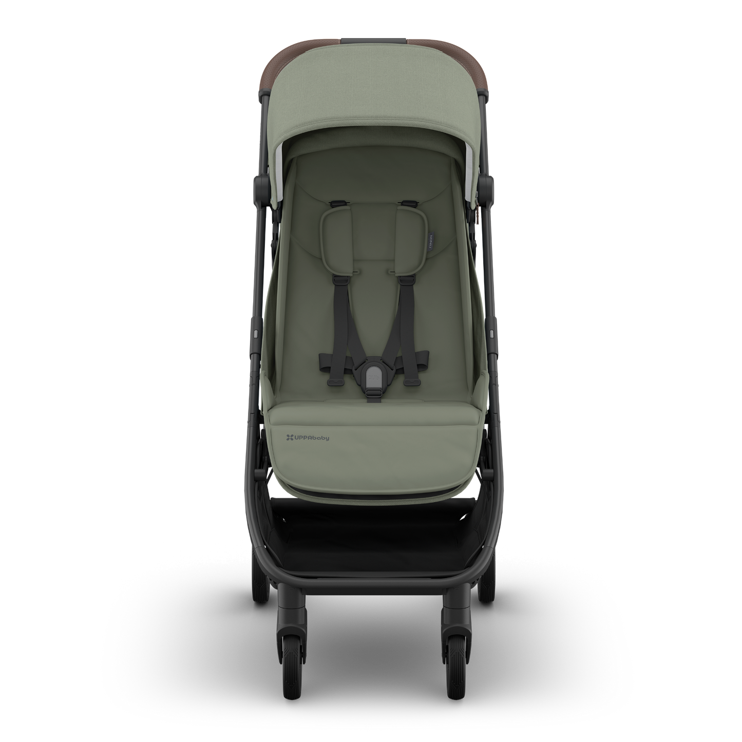 Green UPPAbaby Travel stroller with brown accents and carbon frame on a white background