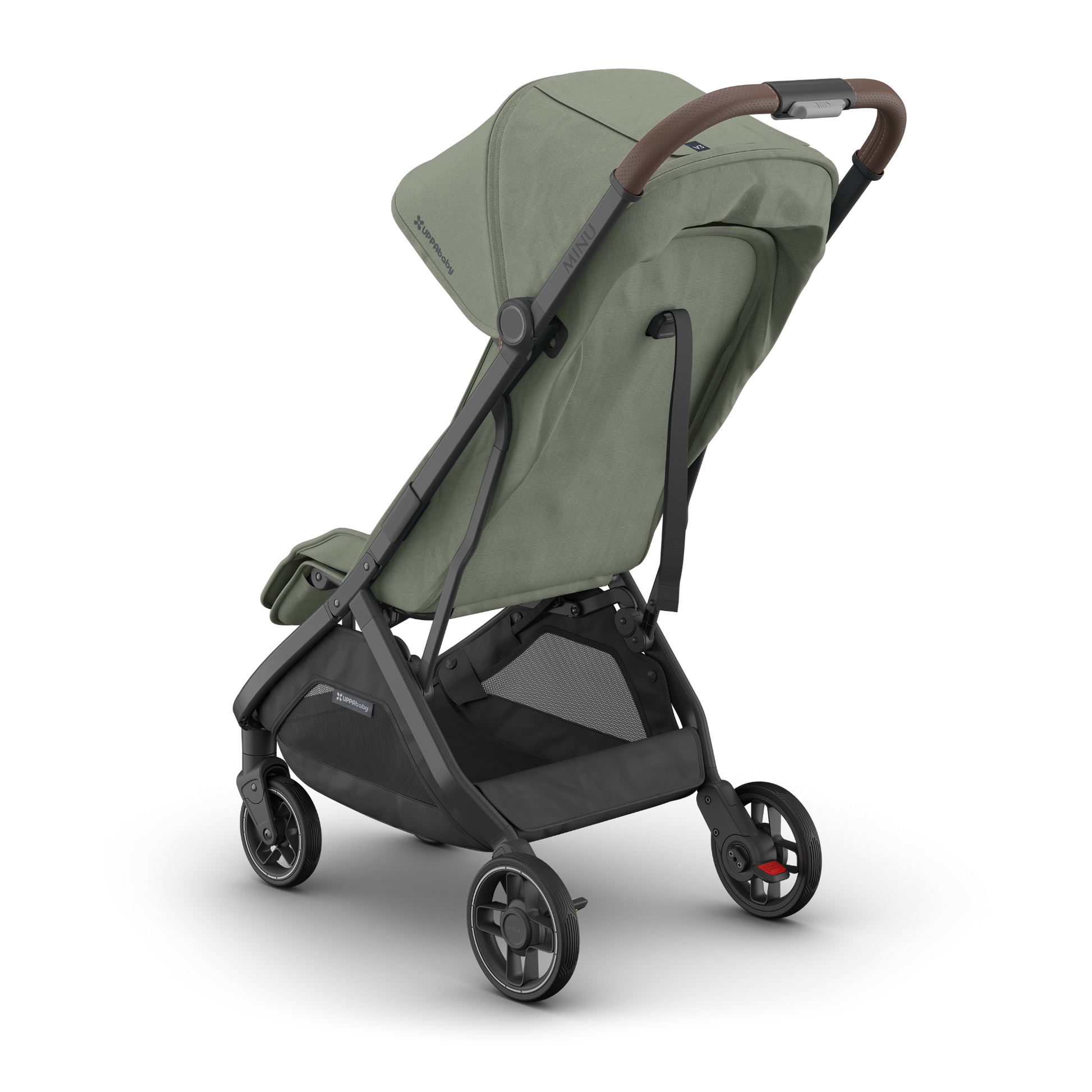 Green UPPAbaby Travel stroller with brown accents and carbon frame on a white background